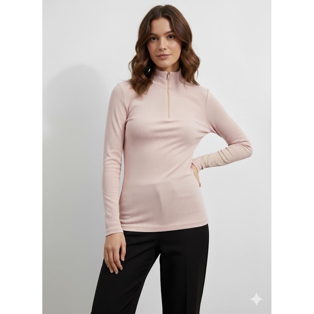 Vince Ribbed Mock Neck Zip Long Sleeve Top Women Size L Pink